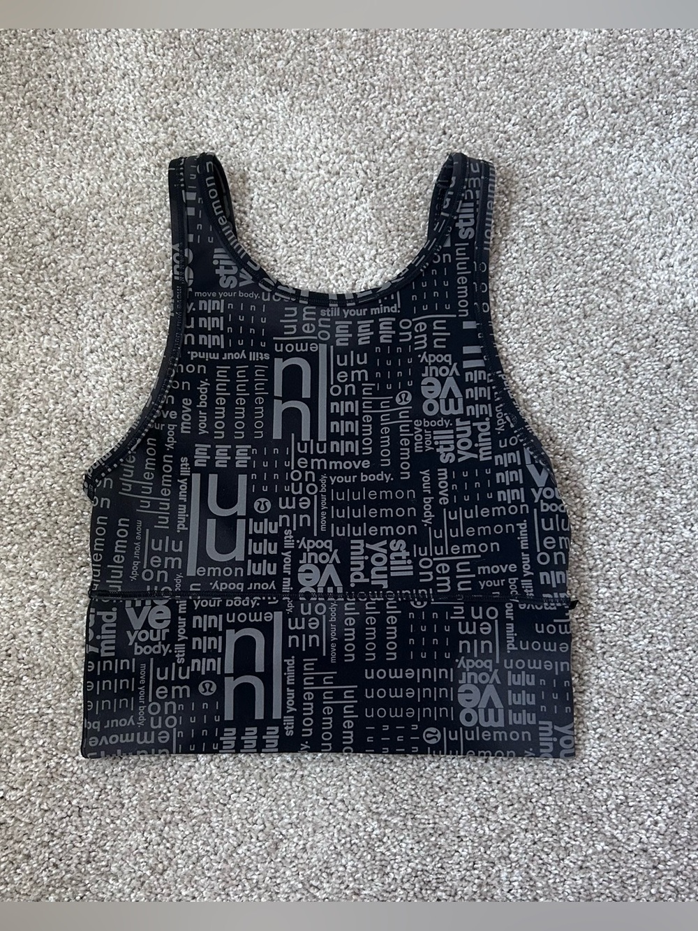 Lululemon Power Y Cropped Tank Top Wordmark Text Print Black Grey Size Small S